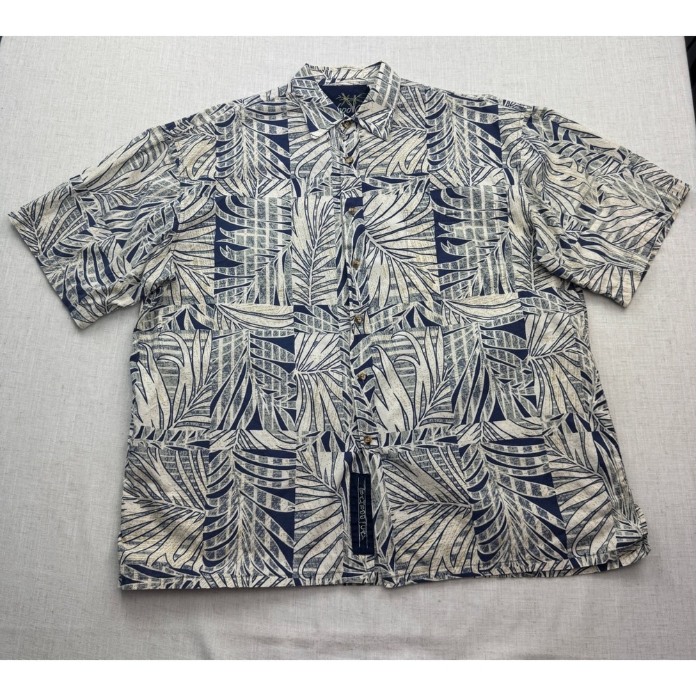Bamboo Cay Shirt Mens Large Blue Tropical Palm Leaf Cotton Lawn Aloha Resortwear